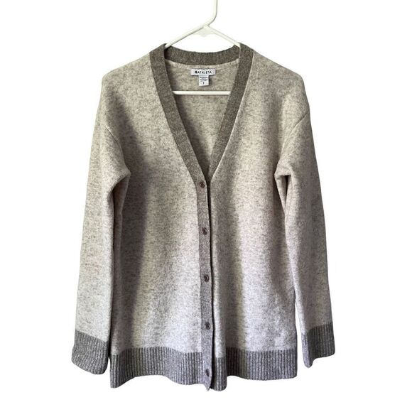 ATHLETA Westlake Cardigan Sweater size Small Petite Merino Wool Bland Cream Gray - Picture 4 of 12